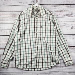 Cinch Western Button-Up Shirt M Green Brown Plaid Logo Pocket Cowboy Ranch